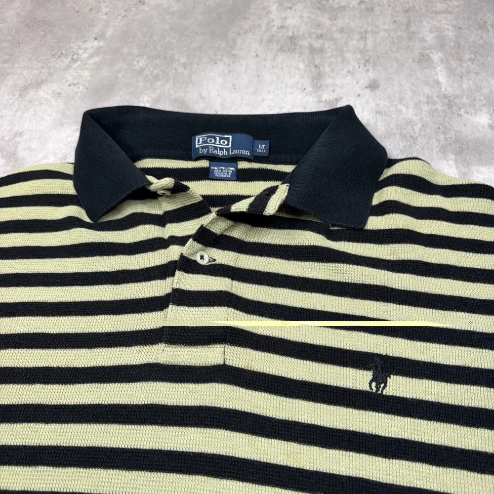 Ralph Lauren Polo Shirt Mens Size LT Black Striped Waffle Knit Pony Short Sleeve